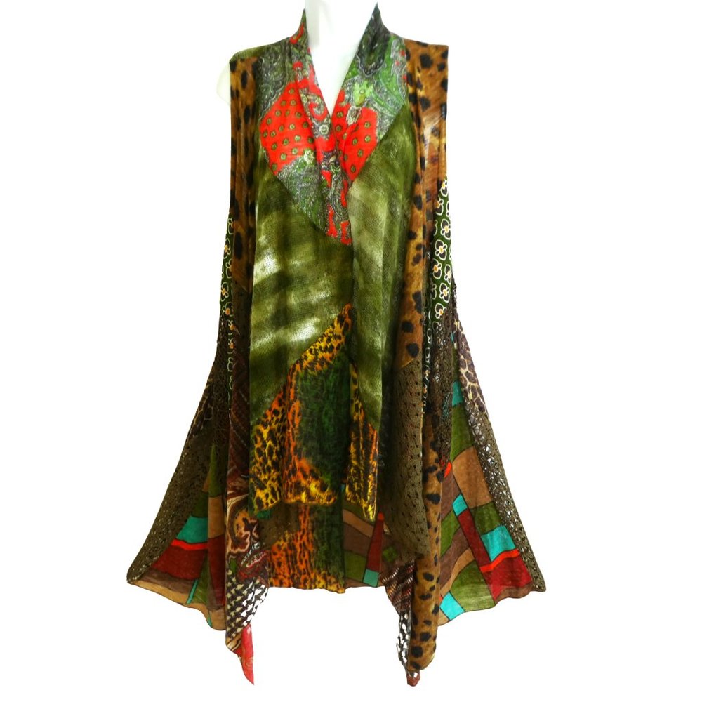 NEW Fantazia Duster Boho Romantic Open Front Patchwork Mixed Prints Lace Crochet